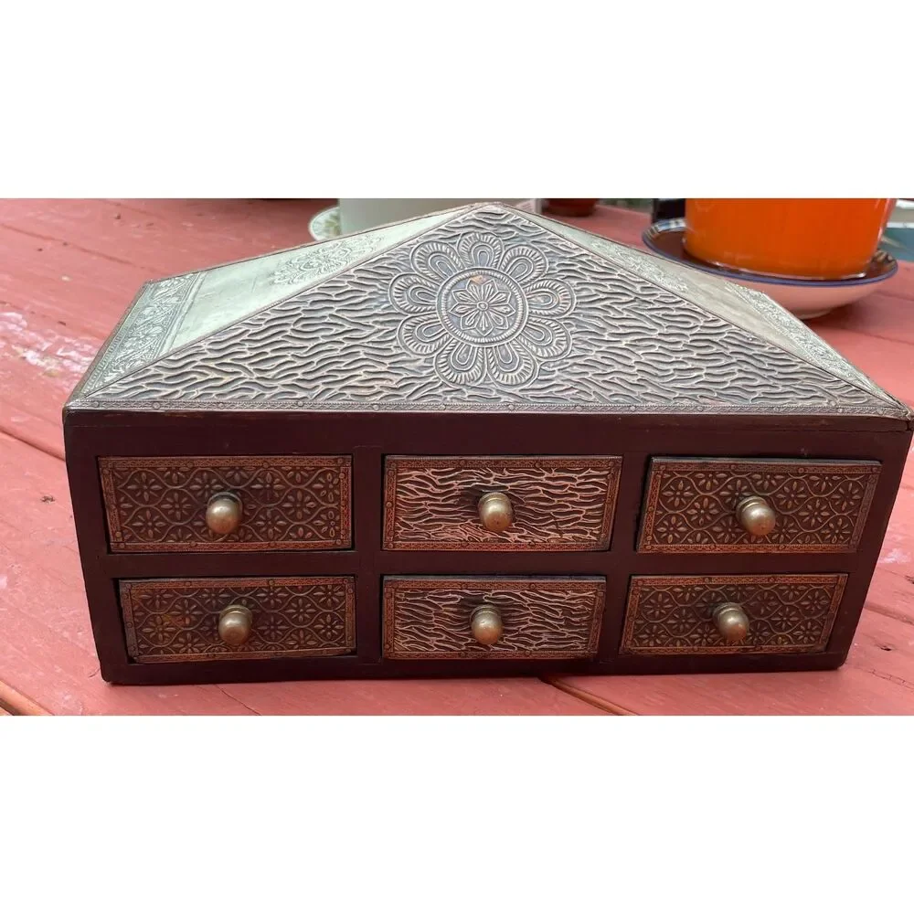Vintage Boho Jewelry Chest | 6 Drawer Wooden Trinket Box | Rustic Organizer